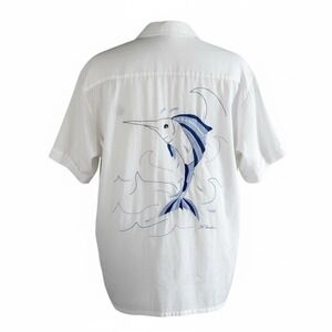 VTG Embroidered Marlin Button Down Camp Shirt Mens Size Large Hawaii Fishing